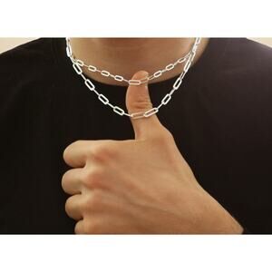 Silver Paperclip Chain for Men, 925 Sterling Silver Paperclip Flat Link Chain